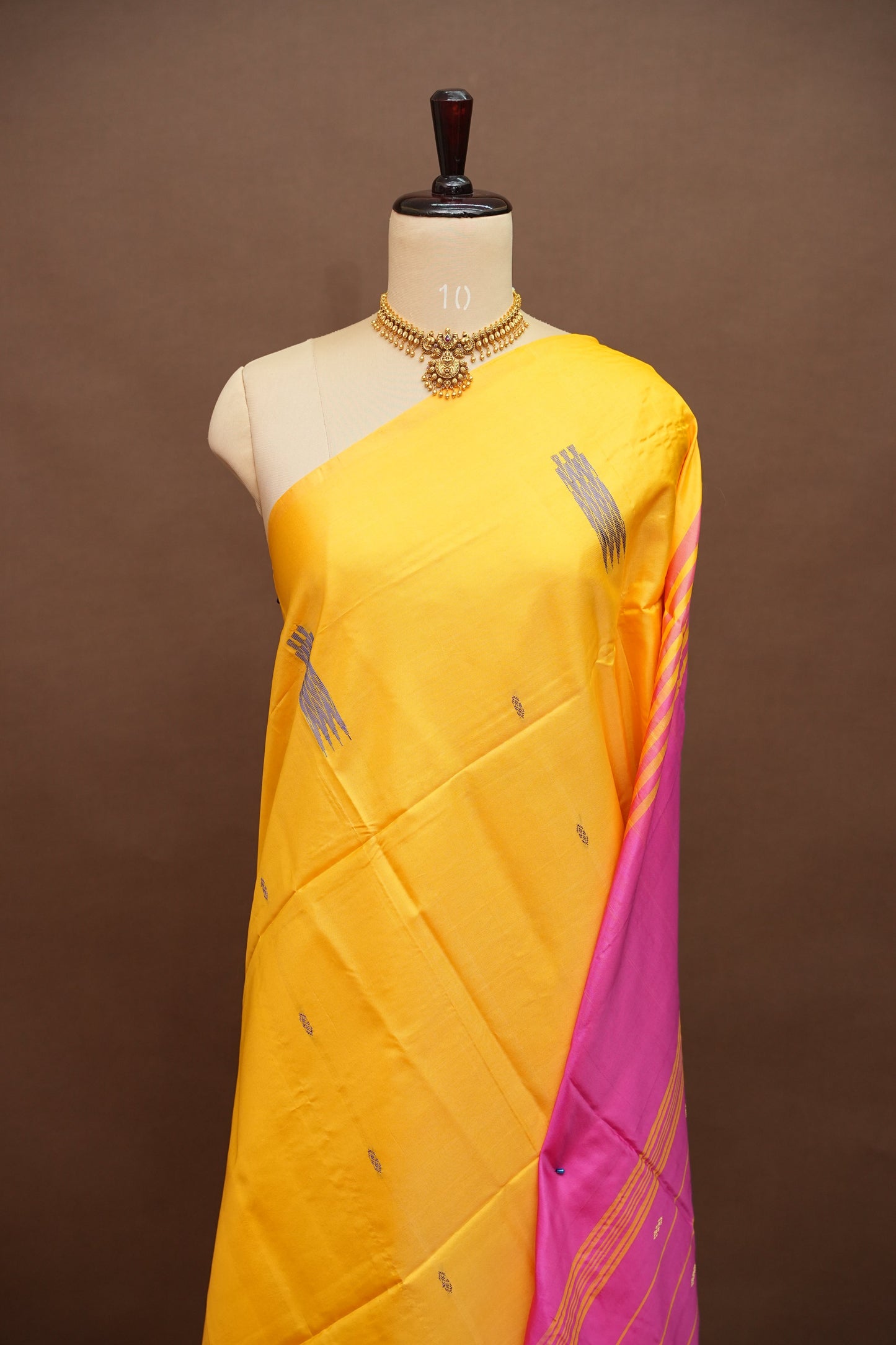 Vegan Saree with Contrast Pallu – Mustard Yellow & Pink
