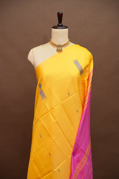 Vegan Saree with Contrast Pallu – Mustard Yellow & Pink