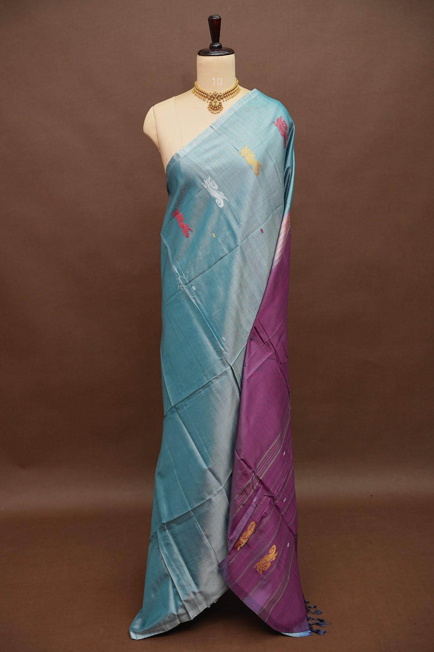 Vegan Saree with Woven Bird Motifs – Sky Blue & Purple