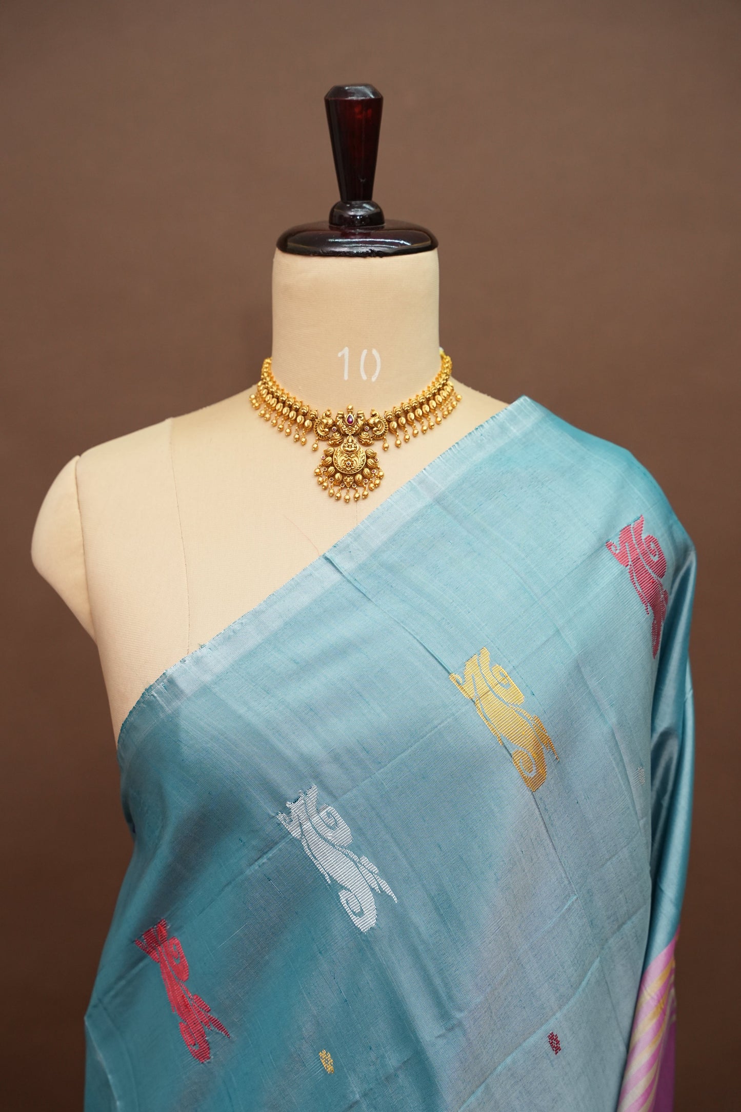 Vegan Saree with Woven Bird Motifs – Sky Blue & Purple
