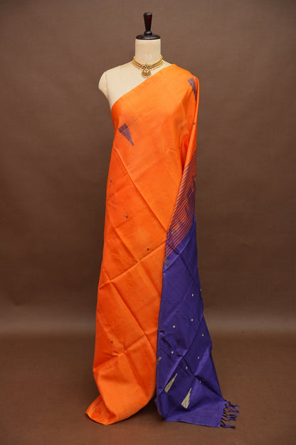 Orange Vegan Saree with Temple Motifs & Contrast Purple Pallu – Orange