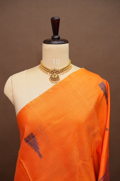 Orange Vegan Saree with Temple Motifs & Contrast Purple Pallu – Orange
