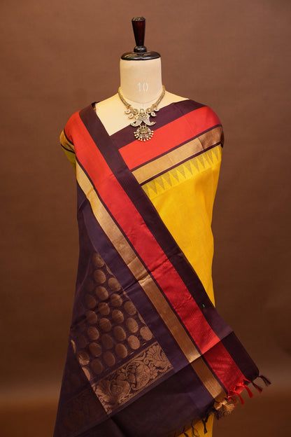 Pure Kuppadam Korvai Silk Cotton Pattu Saree-Soft Yellow & Black