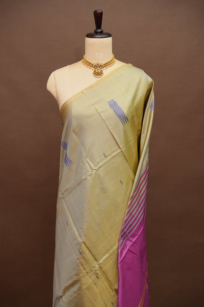Vegan Saree with Temple Motifs & Contrast Magenta Pallu – Beige Gold