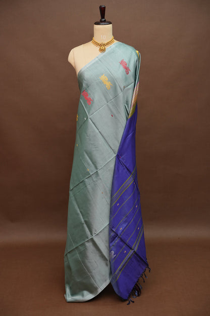 Vegan Saree with Temple Motifs & Contrast Royal Blue Pallu – Steel Blue