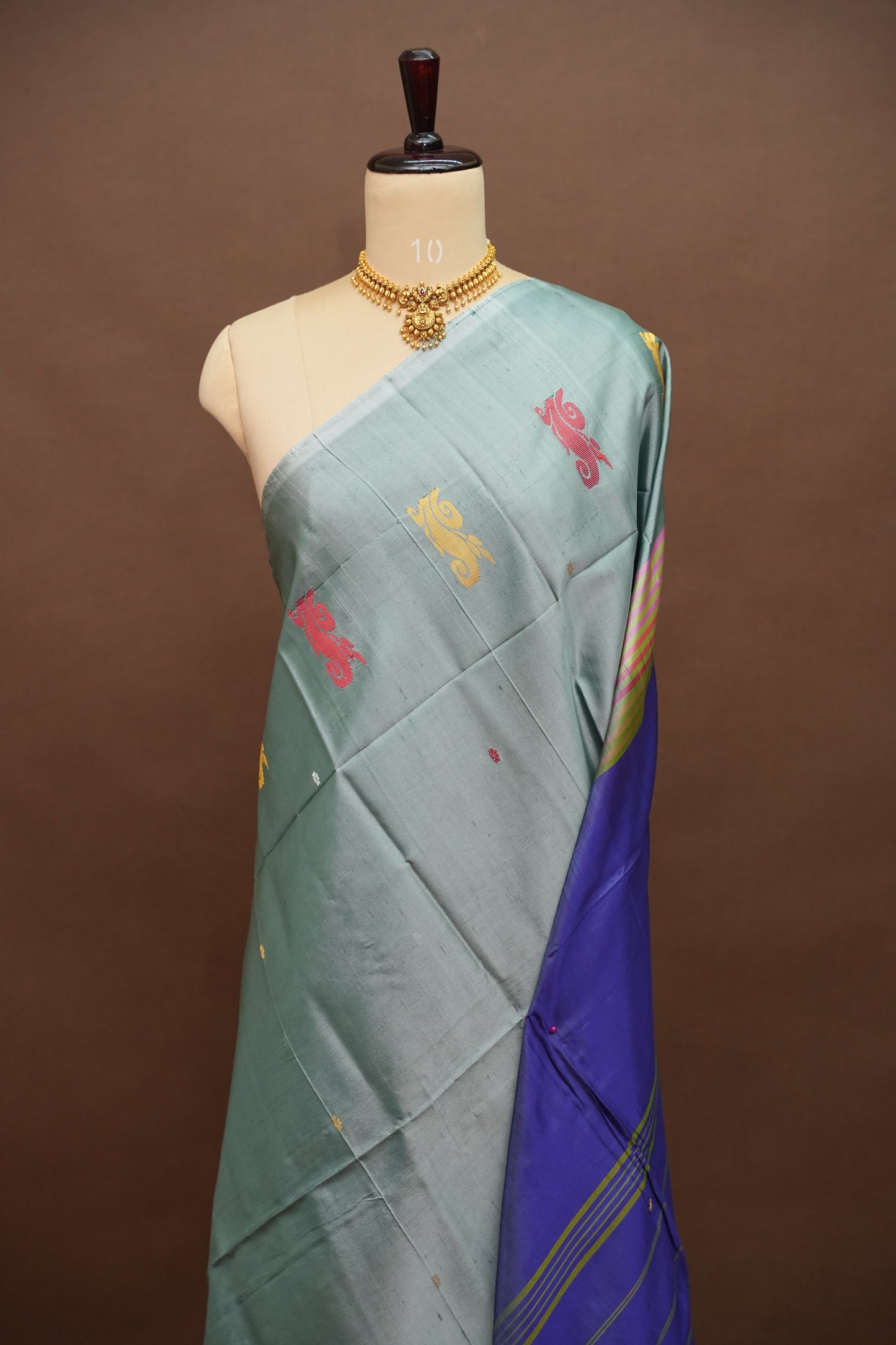 Vegan Saree with Temple Motifs & Contrast Royal Blue Pallu – Steel Blue