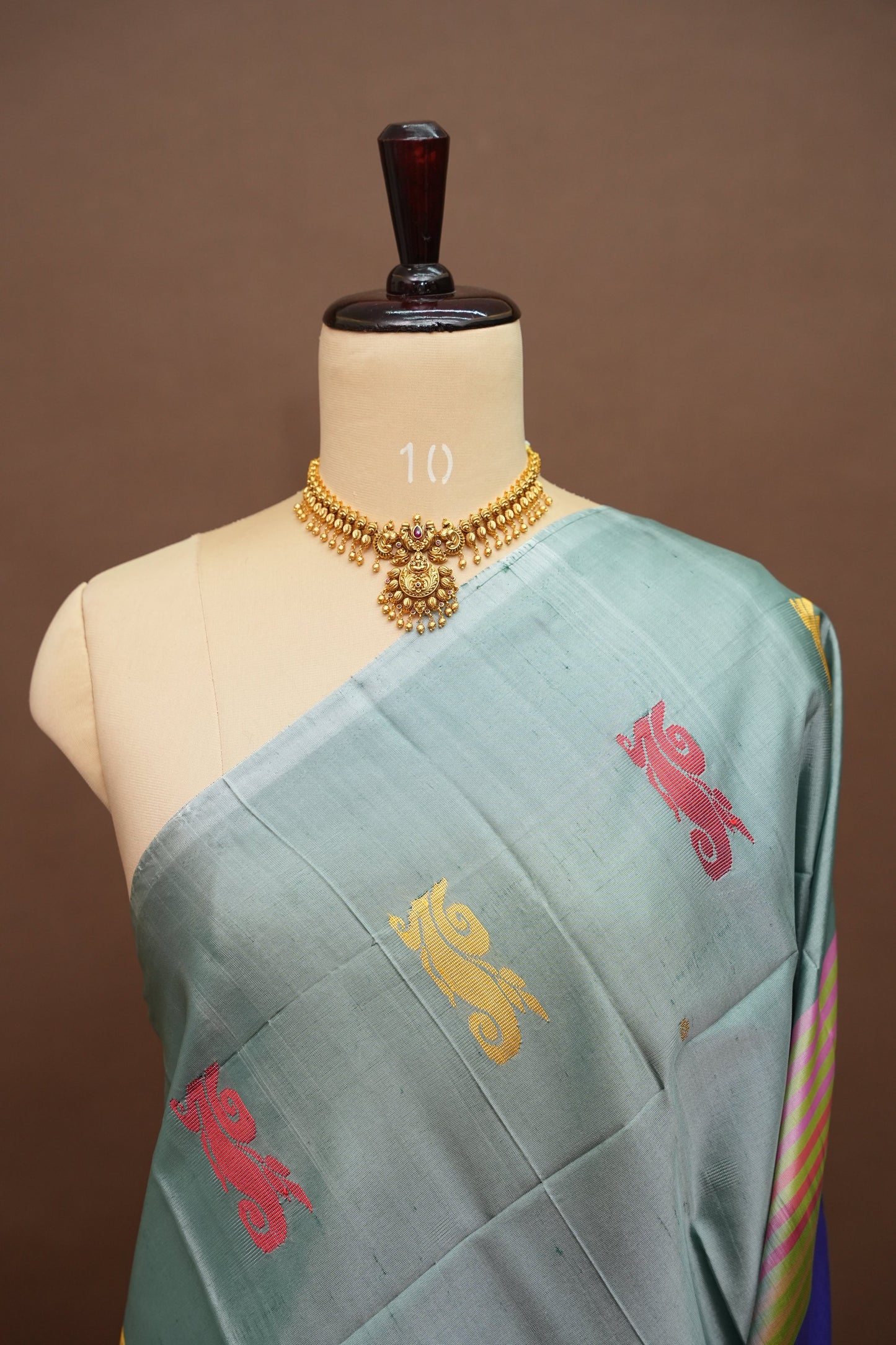 Vegan Saree with Temple Motifs & Contrast Royal Blue Pallu – Steel Blue