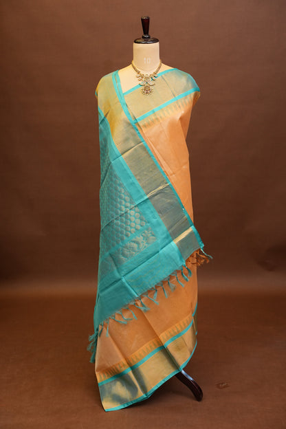 Pure Kuppadam Korvai Silk Cotton Pattu Saree-Ivory & Turquoise Green