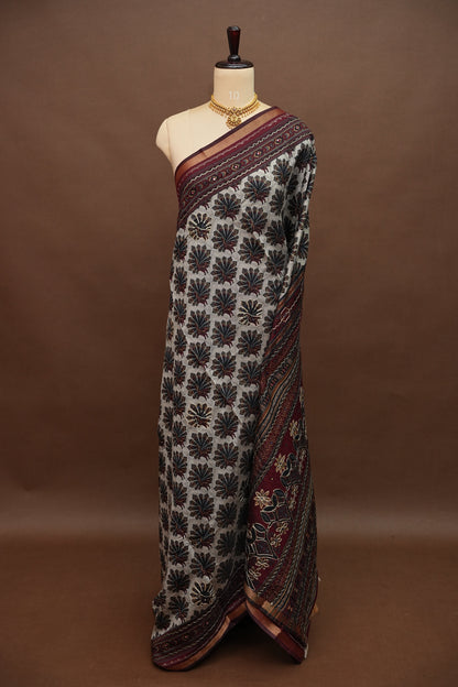 Chanderi Cotton Saree with Kalamkari Prints & Embroidered Pallu – Ivory & Maroon