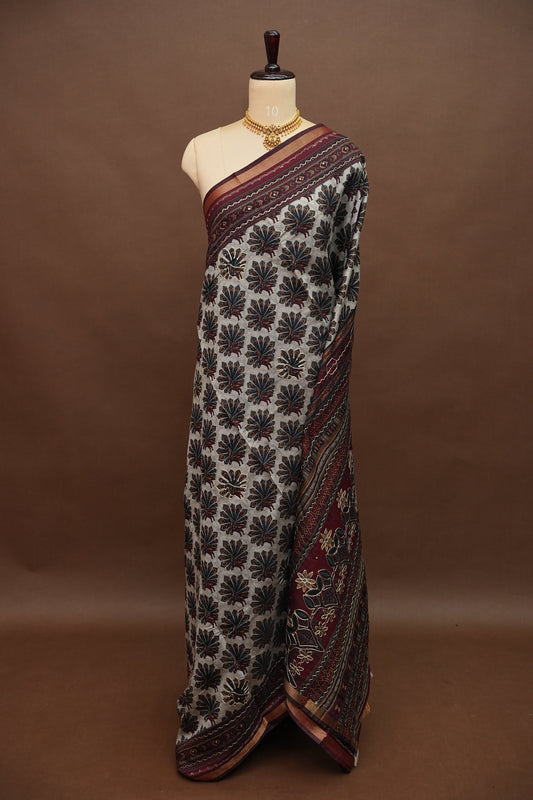 Chanderi Cotton Saree with Kalamkari Prints & Embroidered Pallu – Ivory & Maroon