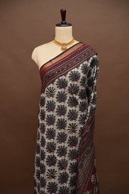 Chanderi Cotton Saree with Kalamkari Prints & Embroidered Pallu – Ivory & Maroon