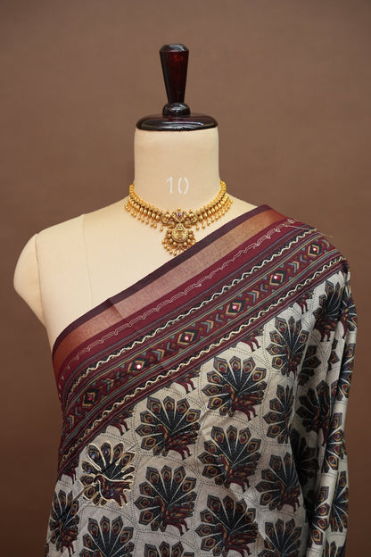 Chanderi Cotton Saree with Kalamkari Prints & Embroidered Pallu – Ivory & Maroon