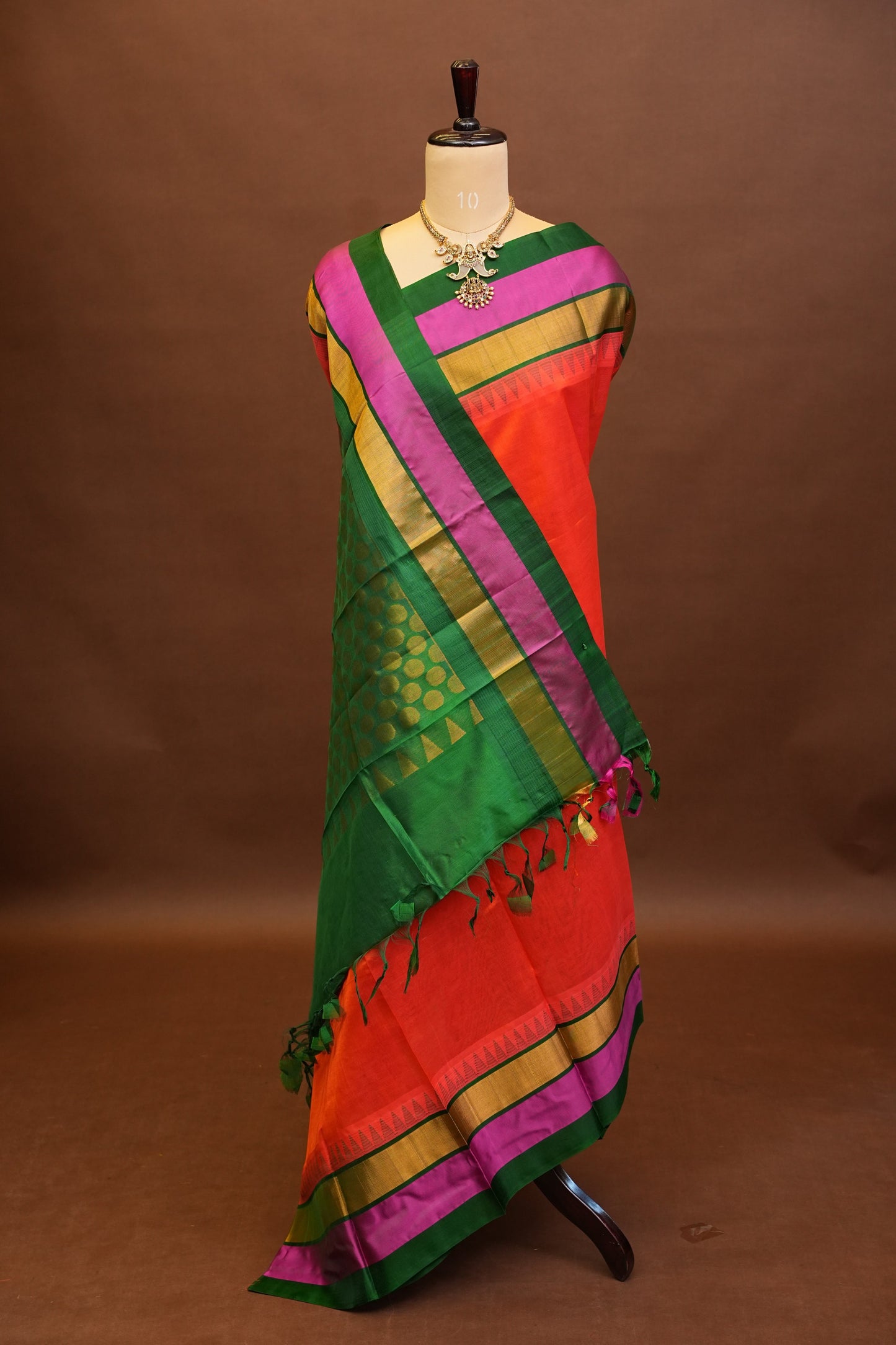 Pure Kuppadam Korvai Silk Cotton Pattu Saree-Orange & Green
