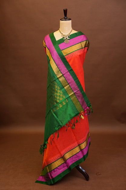 Pure Kuppadam Korvai Silk Cotton Pattu Saree-Orange & Green