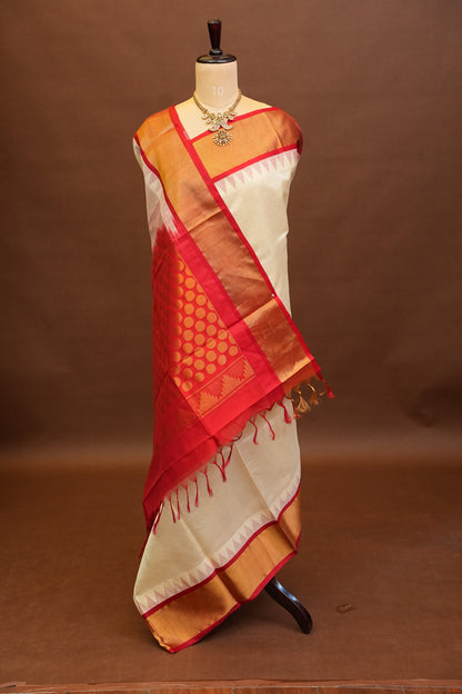 Pure Kuppadam Korvai Silk Cotton Pattu Saree-Ivory & Red