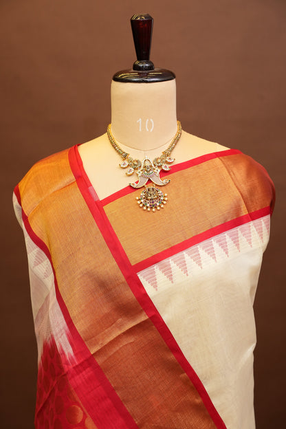 Pure Kuppadam Korvai Silk Cotton Pattu Saree-Ivory & Red