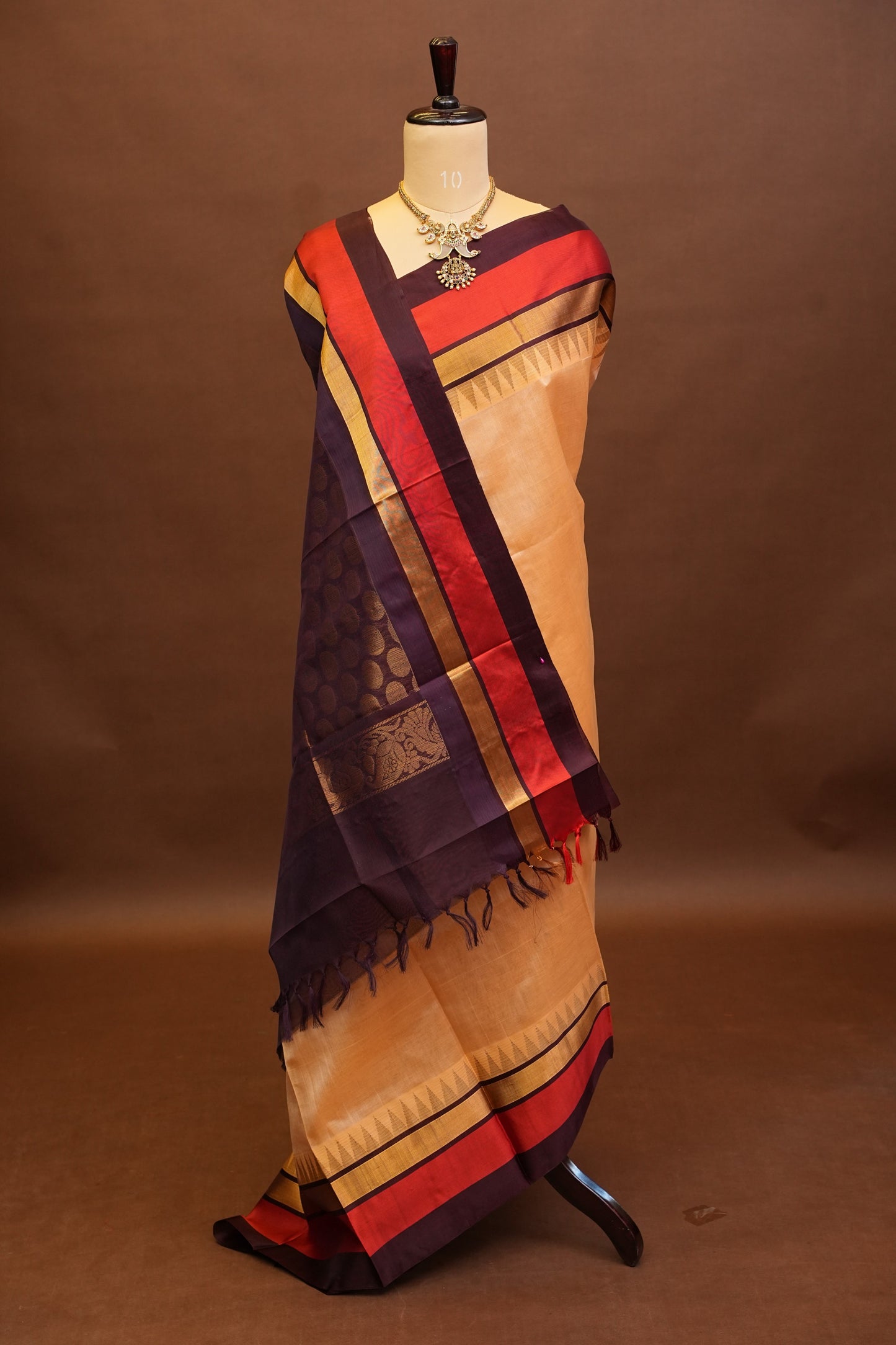 Pure Kuppadam Korvai Silk Cotton Pattu Saree-Soft Beige & Coffee