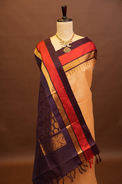 Pure Kuppadam Korvai Silk Cotton Pattu Saree-Soft Beige & Coffee