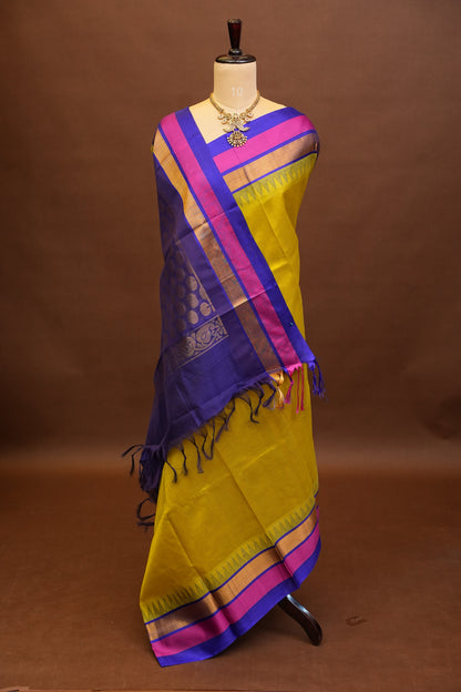 Pure Kuppadam Korvai Silk Cotton Pattu Saree-Parrot Green and Royal Blue