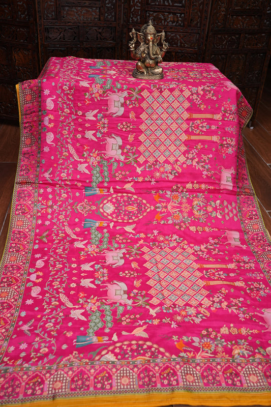 Kashmiri Pashmina Banarasi Story Telling Saree - Hot Pink