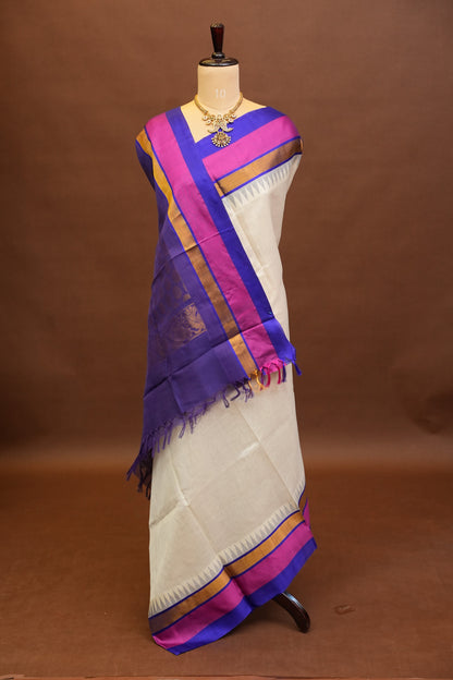 Pure Kuppadam Korvai Silk Cotton Pattu Saree-Ivory & Blue