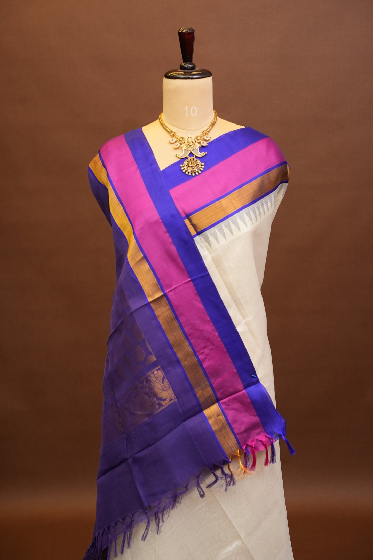 Pure Kuppadam Korvai Silk Cotton Pattu Saree-Ivory & Blue
