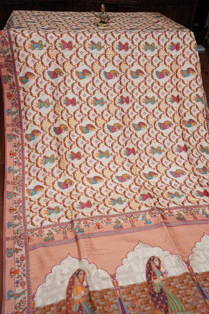 Kashmiri Pashmina Banarasi Story Telling Saree - Ivory