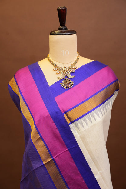 Pure Kuppadam Korvai Silk Cotton Pattu Saree-Ivory & Blue