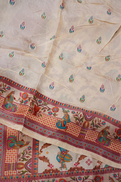 Kashmiri Pashmina Banarasi Story Telling Saree - Ivory