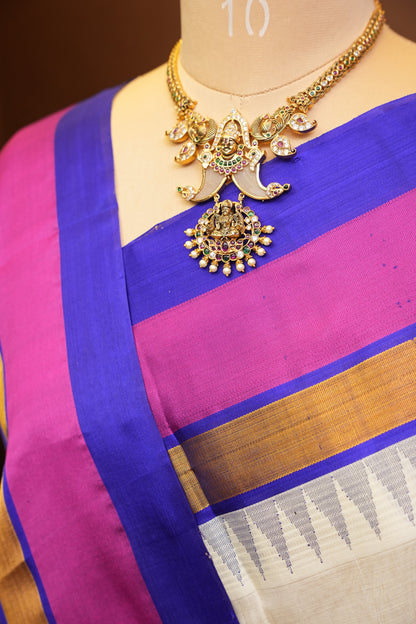 Pure Kuppadam Korvai Silk Cotton Pattu Saree-Ivory & Blue