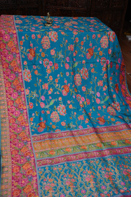 Kashmiri Pashmina Banarasi Story Telling Saree - Blue & Pink
