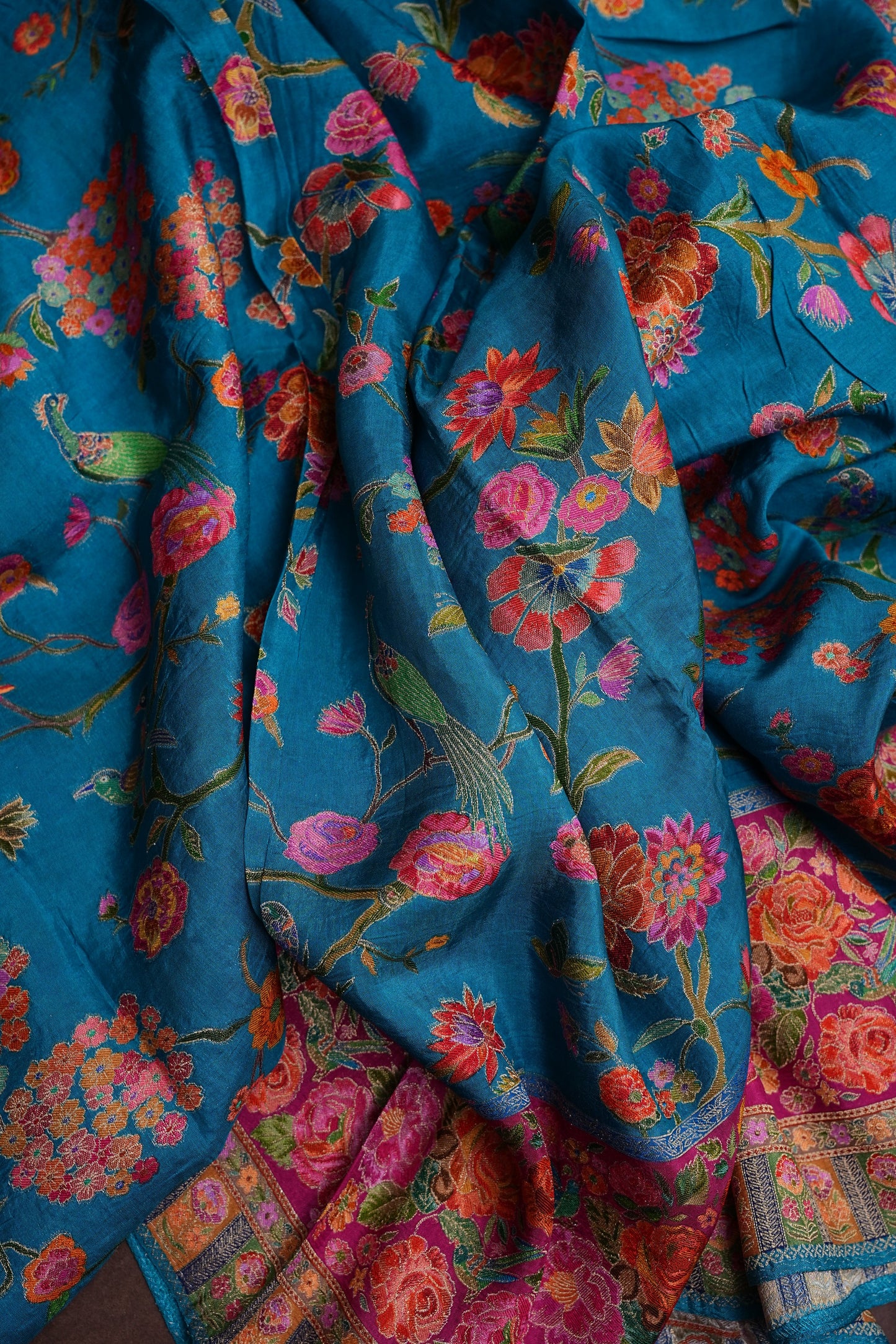 Kashmiri Pashmina Banarasi Story Telling Saree - Blue & Pink