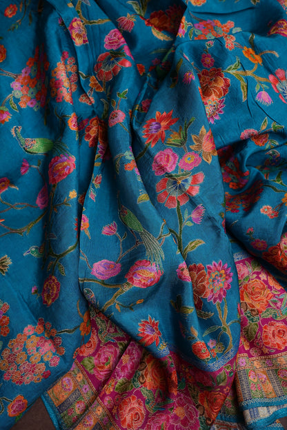 Kashmiri Pashmina Banarasi Story Telling Saree - Blue & Pink