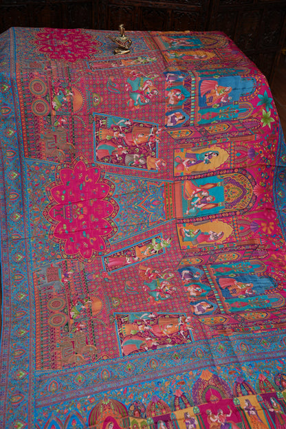 Kashmiri Pashmina Banarasi Story Telling Saree - Pink & Blue