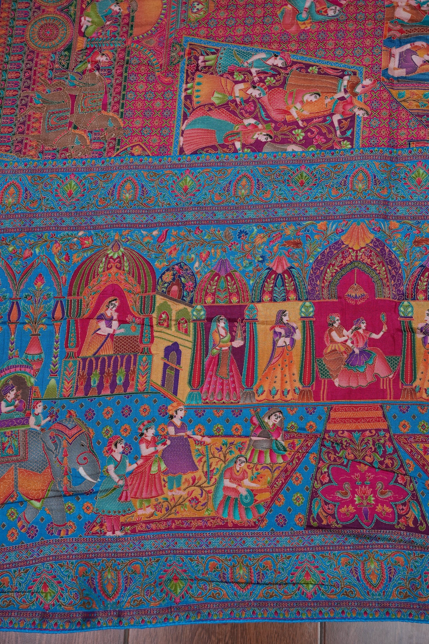 Kashmiri Pashmina Banarasi Story Telling Saree - Pink & Blue