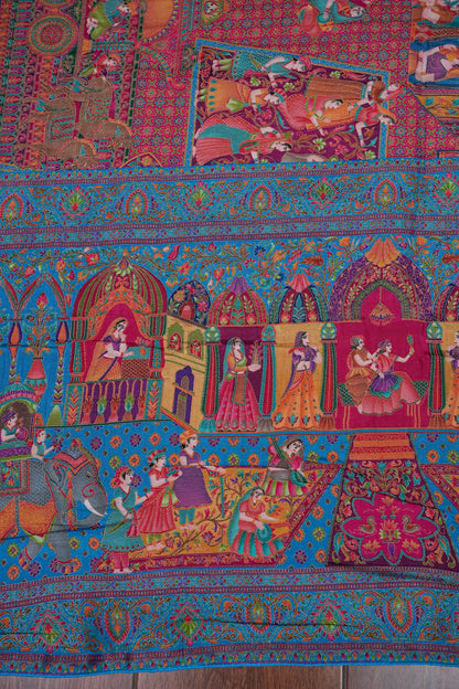Kashmiri Pashmina Banarasi Story Telling Saree - Pink & Blue