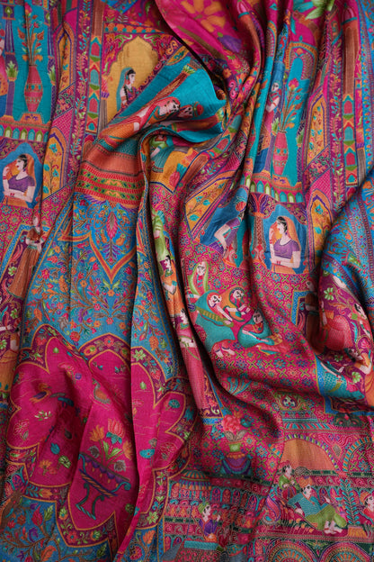 Kashmiri Pashmina Banarasi Story Telling Saree - Pink & Blue