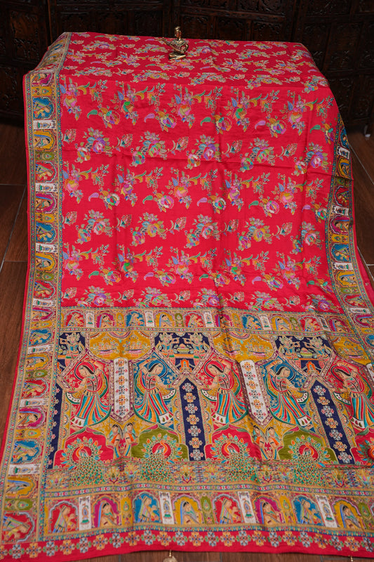 Kashmiri Pashmina Banarasi Story Telling Saree - Red