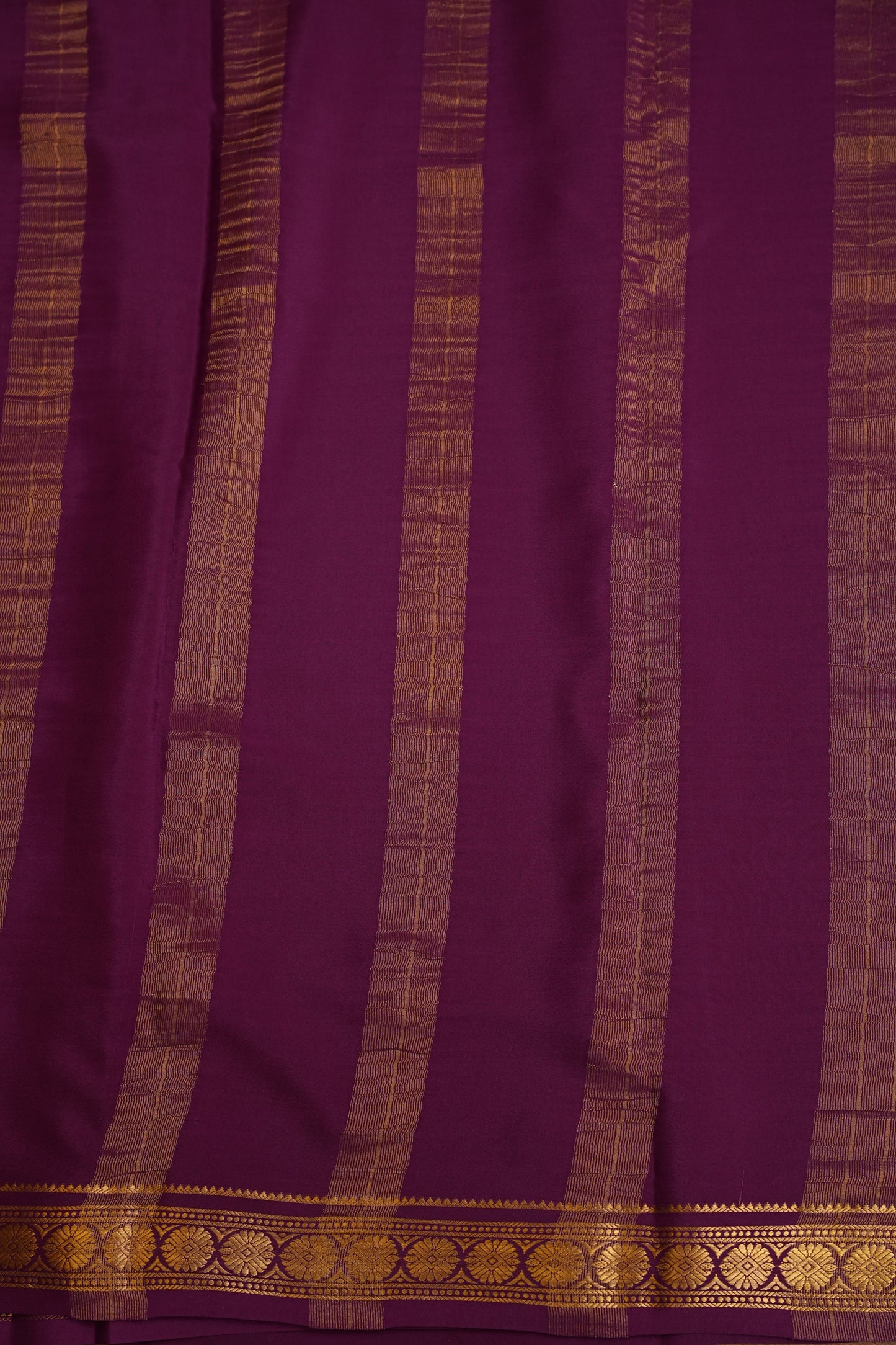 Plain Pure Crepe Mysore Silk Saree in Orange With Contrast Purple Border