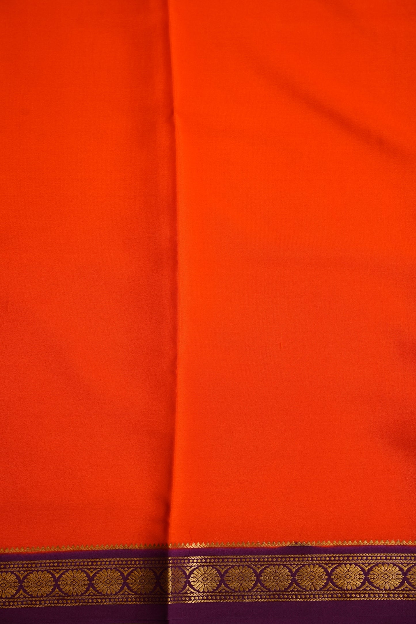 Plain Pure Crepe Mysore Silk Saree in Orange With Contrast Purple Border