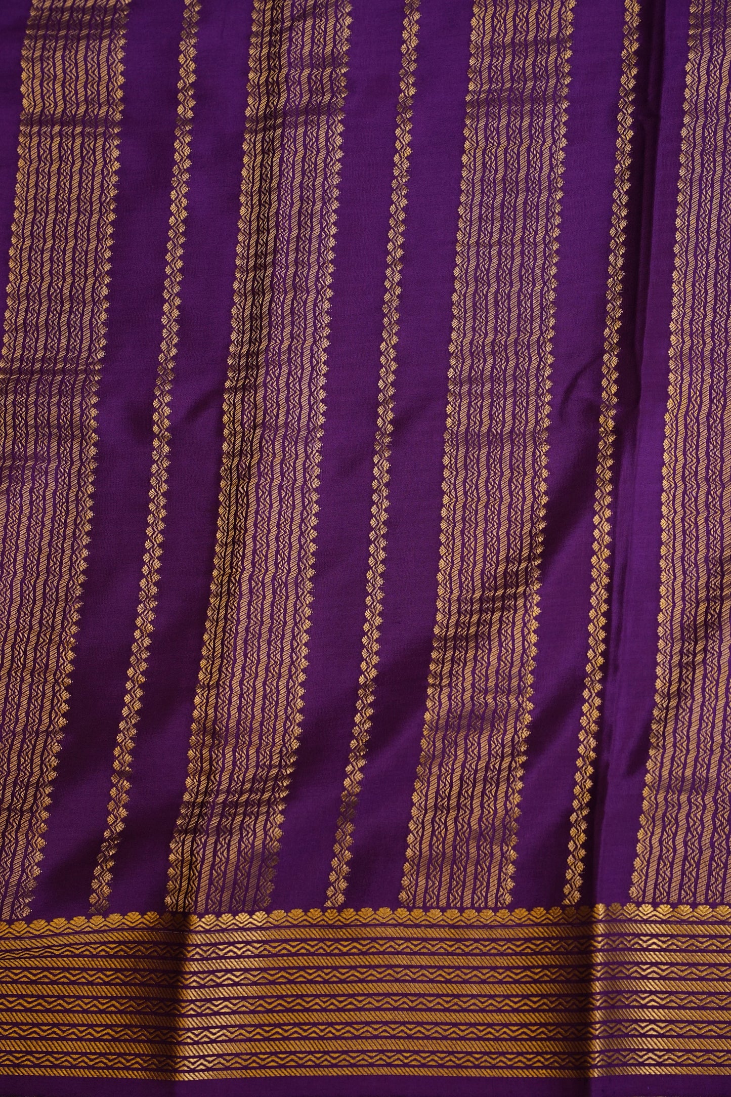 Plain Pure Crepe Mysore Silk Saree in Royal Purple With Contrast Green Blouse