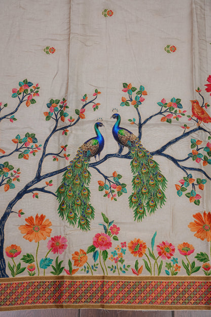 Kashmiri Pashmina Banarasi Story Telling Saree - Ivory