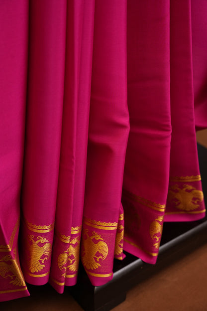 Plain Pure Crepe Mysore Silk Saree in HotPink With Gandaberunda Border