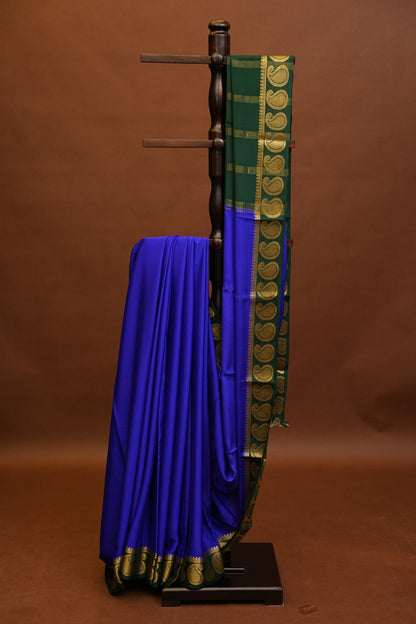 Plain Pure Crepe Mysore Silk Saree in Royal Blue With Bottle Green Blouse & Pallu