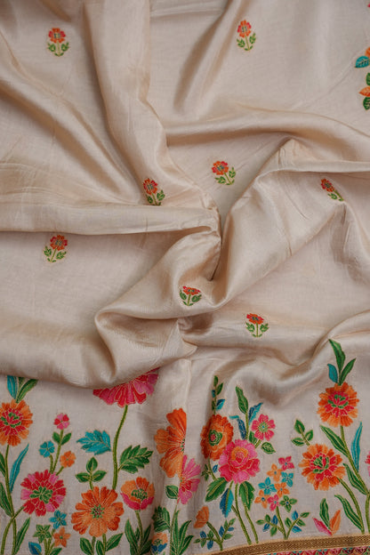 Kashmiri Pashmina Banarasi Story Telling Saree - Ivory