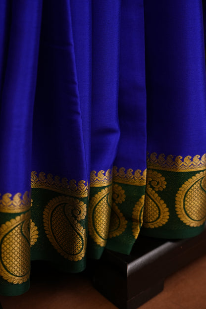 Plain Pure Crepe Mysore Silk Saree in Royal Blue With Bottle Green Blouse & Pallu