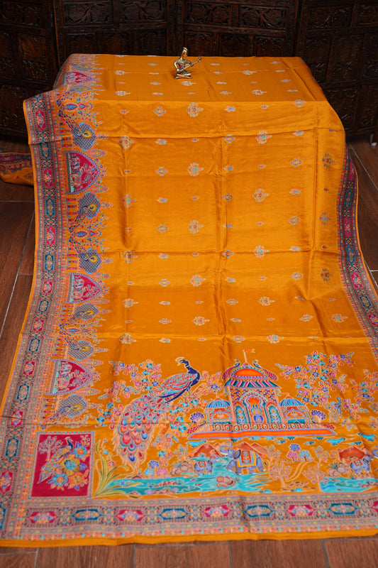 Kashmiri Pashmina Banarasi Story Telling Saree - Mustard Yellow