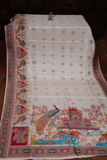 Kashmiri Pashmina Banarasi Story Telling Saree - Ivory