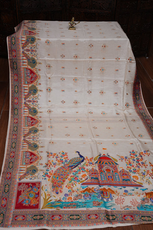Kashmiri Pashmina Banarasi Story Telling Saree - Ivory