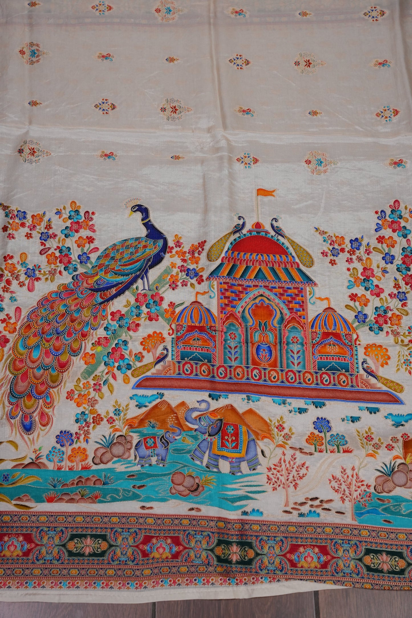 Kashmiri Pashmina Banarasi Story Telling Saree - Ivory